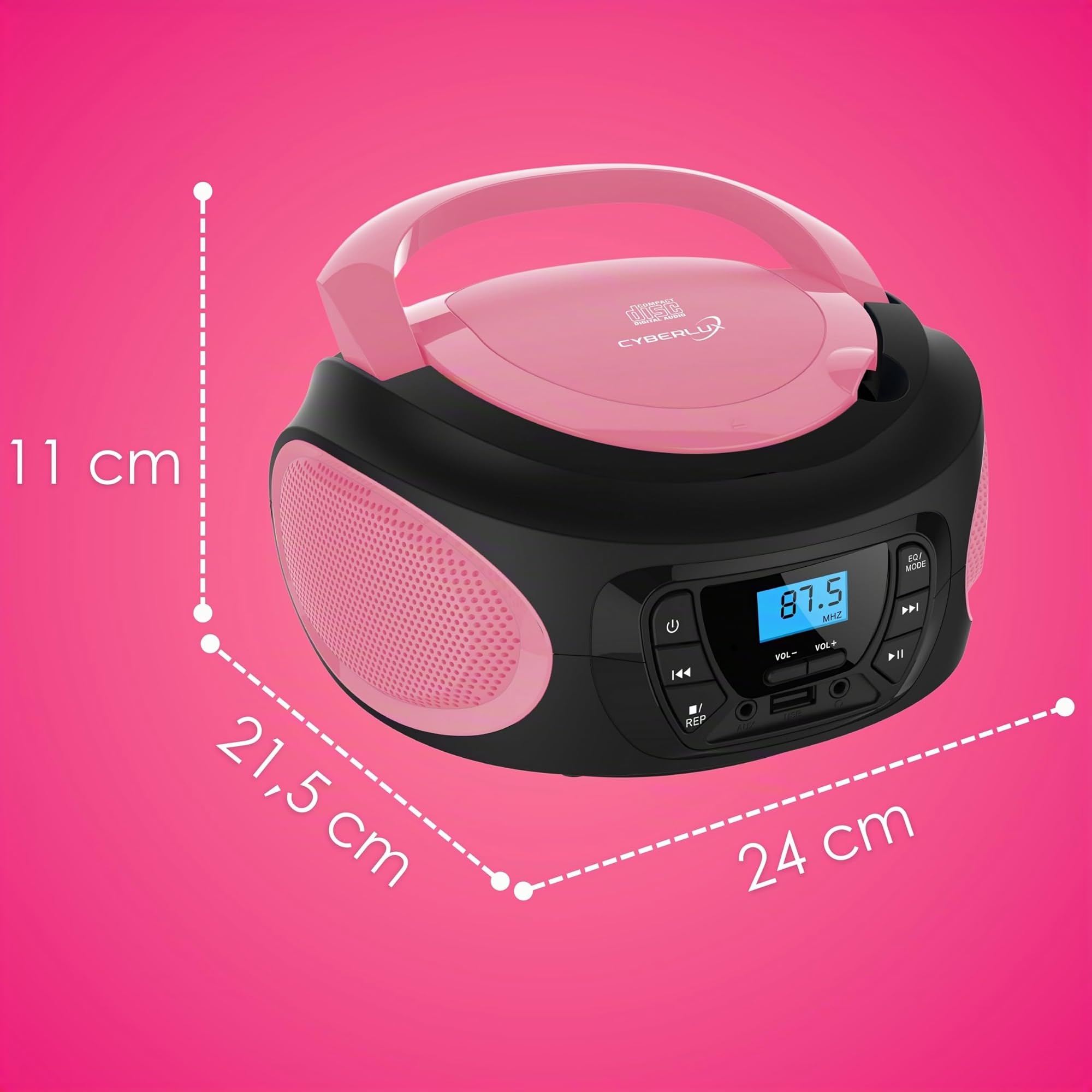 Cyberlux Tragbarer CD-Player, CD/CD-R, USB, UKW-Radio, AUX-In, Kopfhöreranschluss, Kinderradio, Boombox, CD-Radio, Stereo, Kompaktanlage, hübsches Rosa