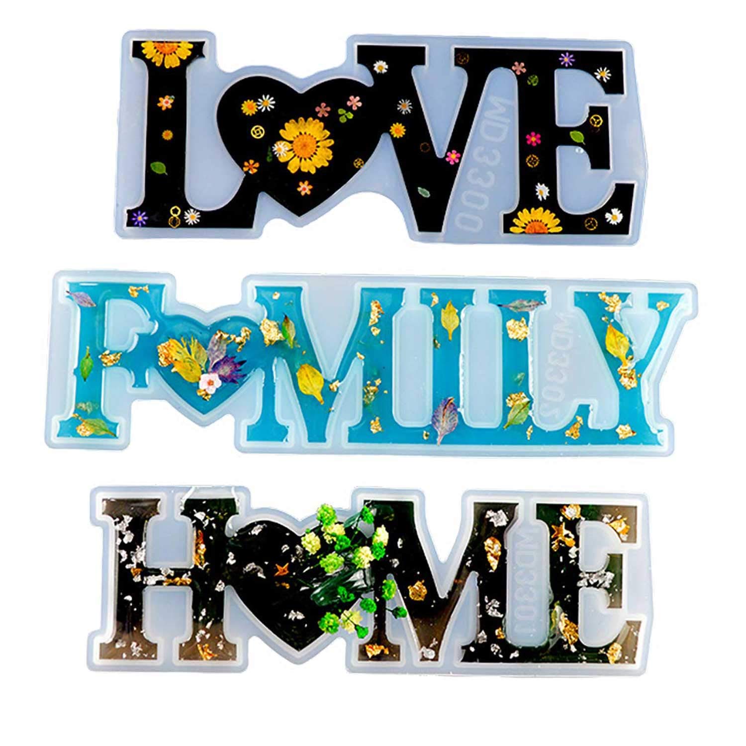 nhnhn 3 Pcs Resin Casting Silicone Mold Love/Home/Family Letter Crystal Epoxy Resin Moulds 3D Acrylic Agate Resin Silicone Mould Kit for Table Decor DIY Craft