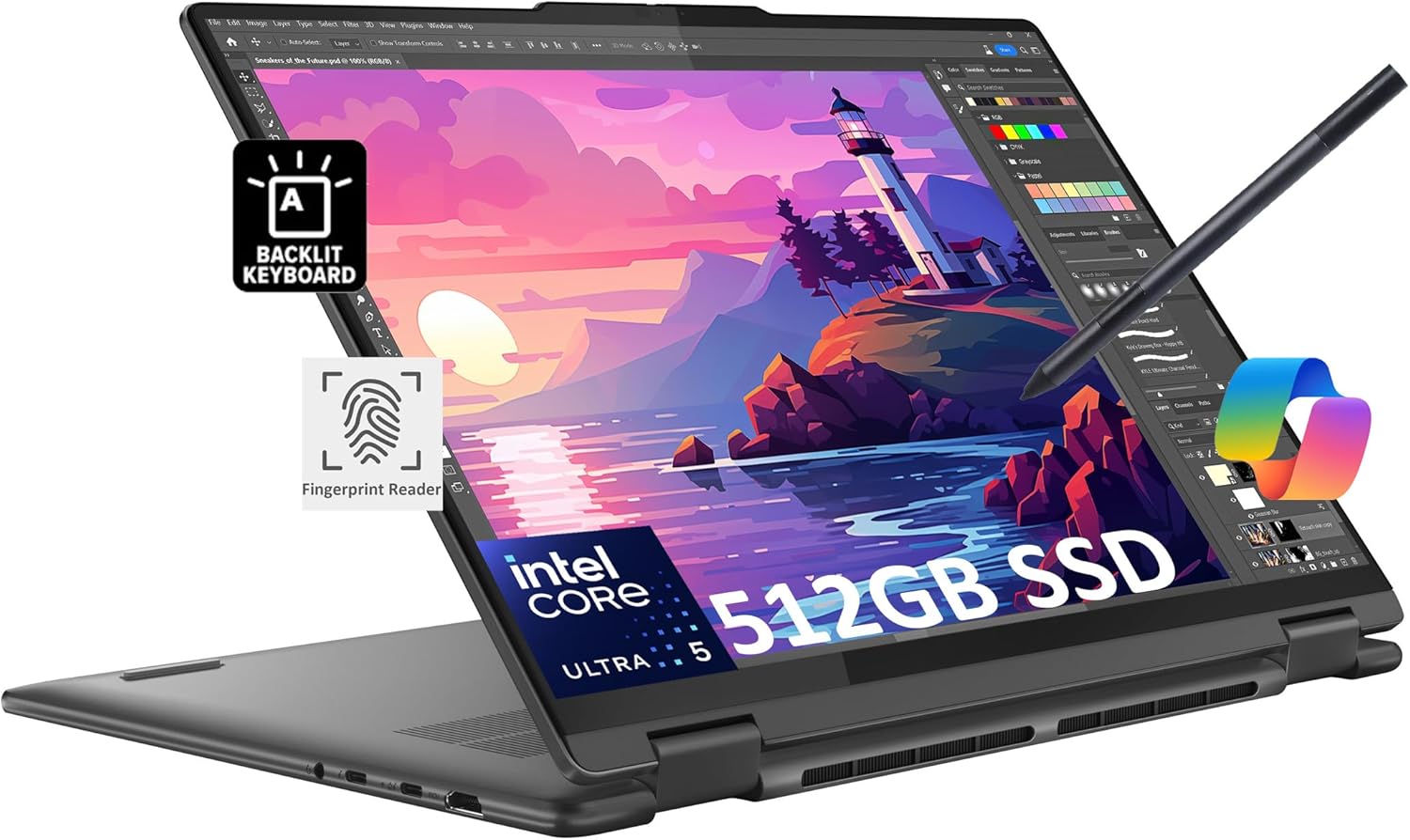 Lenovo Yoga 7 7i 2-in-1 Business Laptop (16" FHD+ Touchscreen, Intel Core Ultra 5 125U (Beat i7-1165G7), 16GB RAM, 512GB SSD, IST Pen) Backlit, Fingerprint, FHD IR Webcam, Win 11 Pro, AI Copilot, Grey