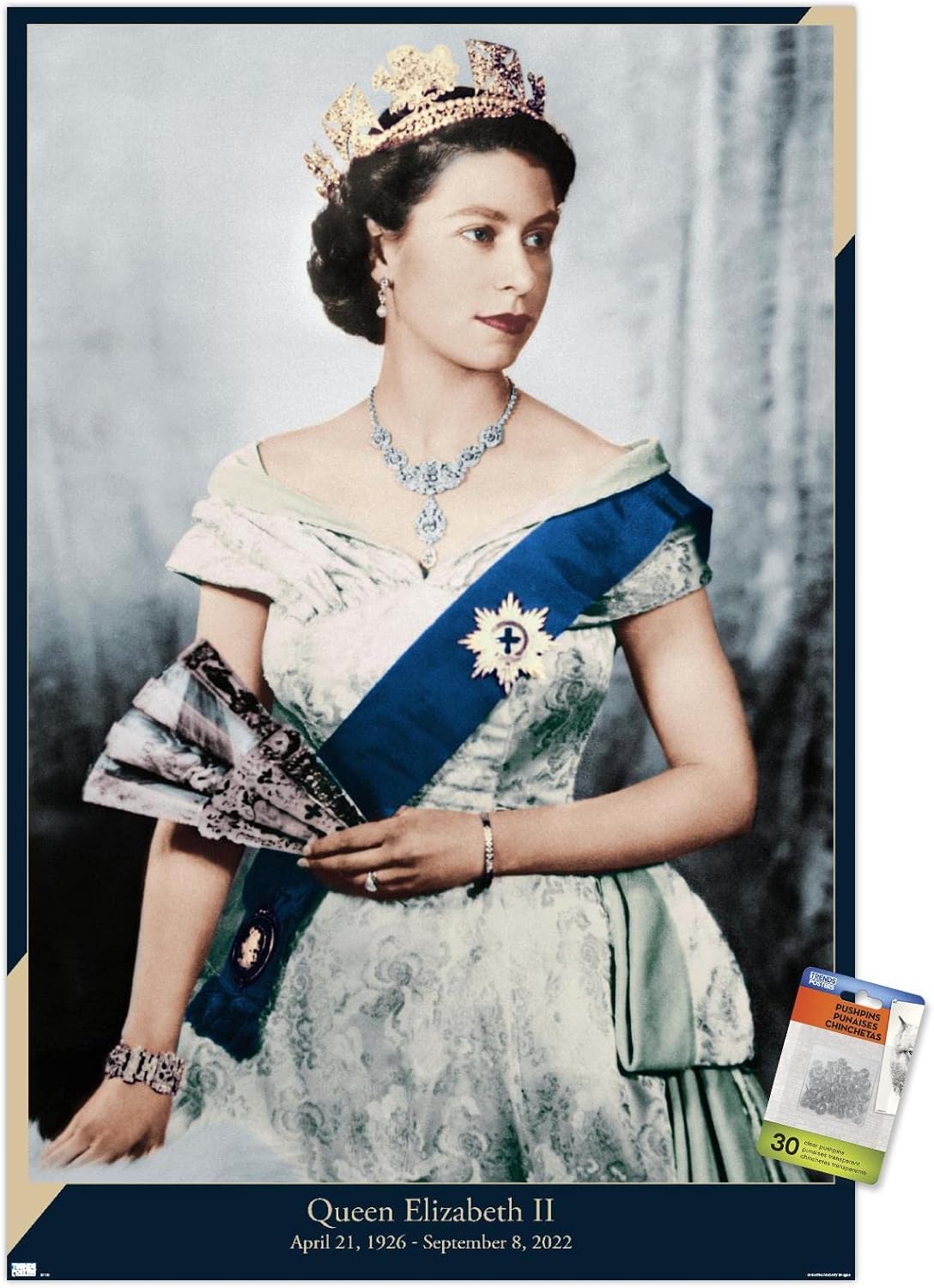 Trends International Queen Elizabeth II - Queen Wall Poster, 22.375" x 34", Premium Poster & Push Pin Bundle
