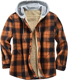 Duohropke Men's Checked Shirt Winter Hooded Shirt Lined Casual Lumberjack Shirt Cotton Casual Work Shirt Hoodie Quilted Shirt Jacket Warm Casual Shirt with Multi Pockets