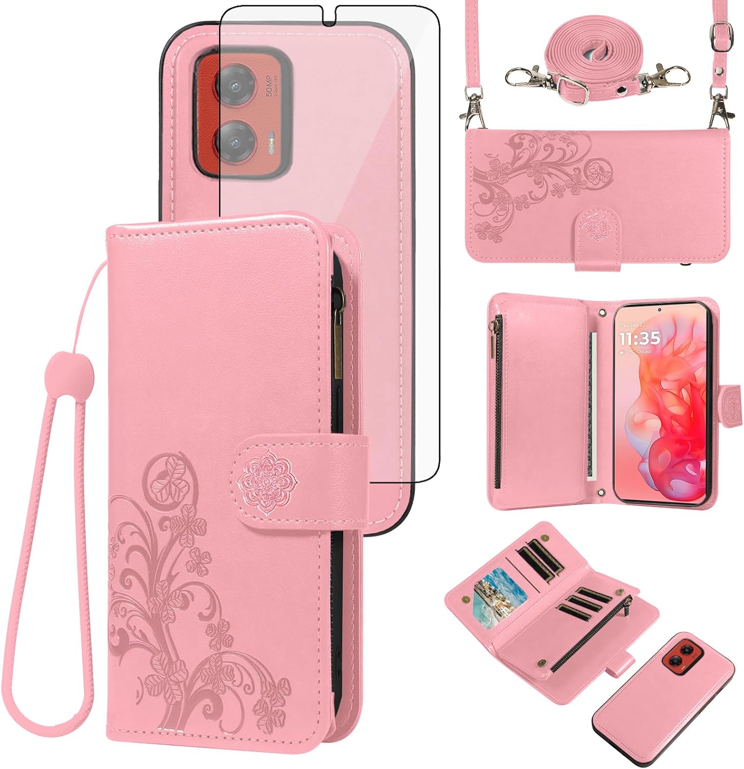 Asuwish Phone Case for Motorola Moto G Stylus 5G 2024 Zipper Wallet Magnetic Detachable Cell Cover with Tempered Glass Screen Protector Crossbody Lanyard Strap Flower Card Holder G5 Women Girls Pink