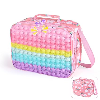 Pop Lunch Box Kids Fidget Lunch Bag Toys for Boys Girls, Insulated Lunch Bag, Pop Fidget Lunch Large Tote Bag for School Office , Leakproof Cooler Lunch Box with Adjustable Shoulder Strap (Rainbow)