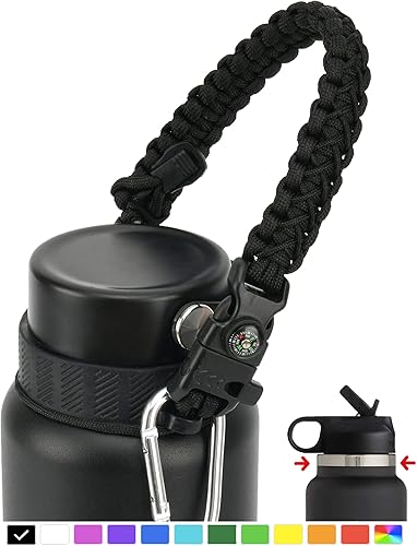 QeeCord Mango de Paracord 2.0 para Hydroflask 2.0, portador de botellas de agua de boca ancha y estándar con anillo nuevo y mosquetón de 12 onzas,