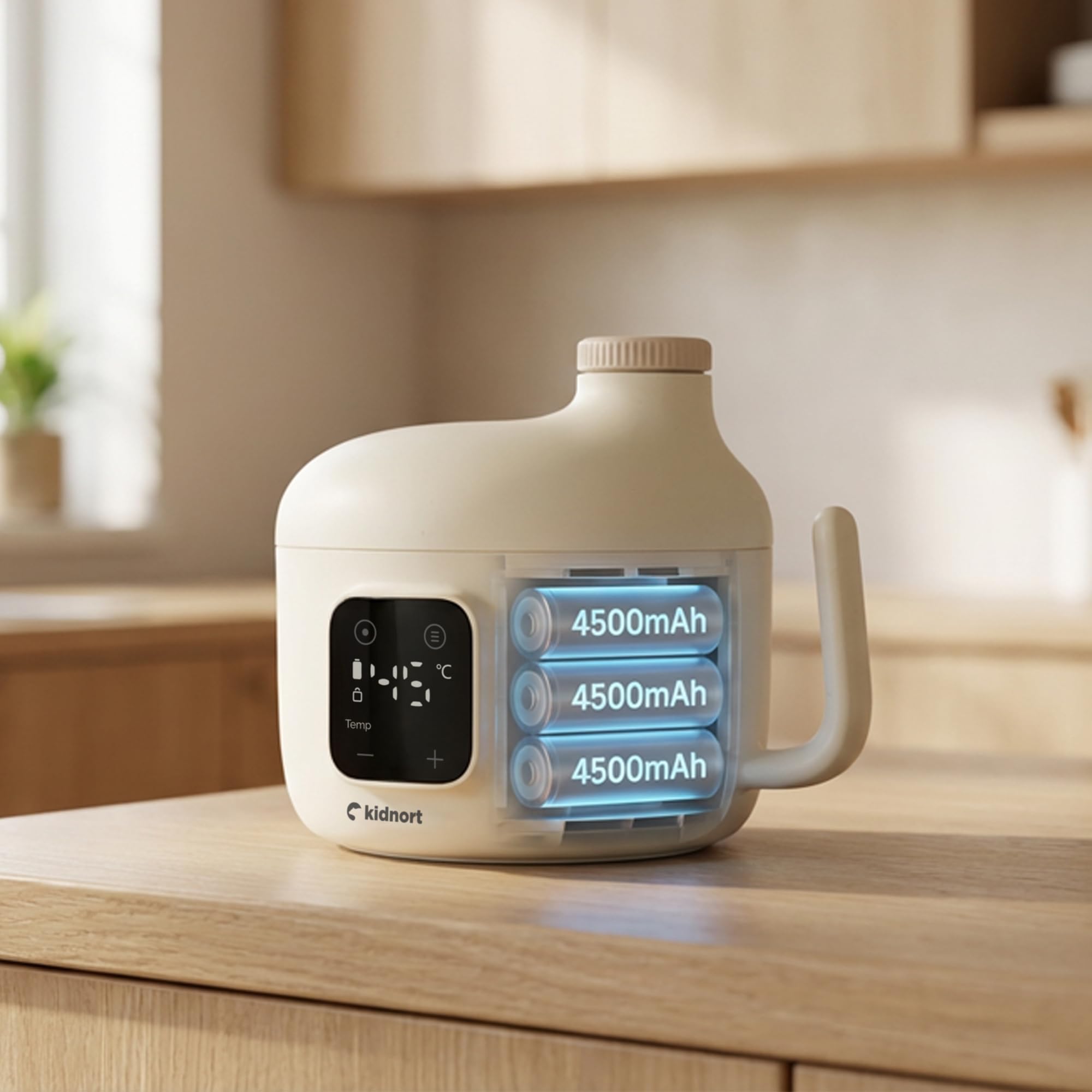 Kjokken Mobiler Babykostwärmer 400 ml mit Akku USB C für unterwegs Temperaturregelung 40 bis 55 Grad Timer Touchdisplay dichter Schraubdeckel für Babybrei Mahlzeiten Beige
