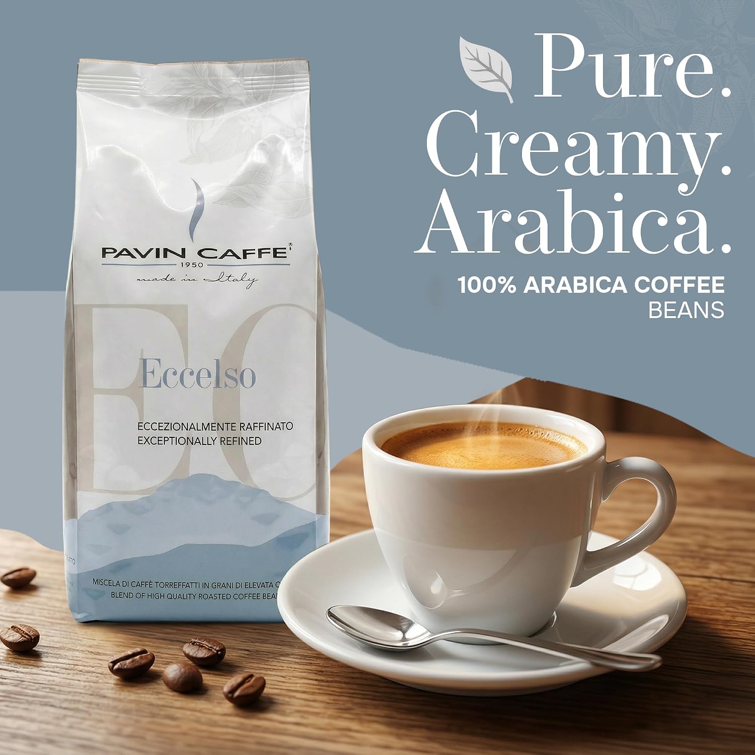 Pavin caffè Espresso coffee beans - Eccelso | Medium roast, Low acid coffee beans, Premium Italian espresso beans, Exceptionally refined flavor, Non-GMO, Molds free, 100% Arabica, 2.2 lbs