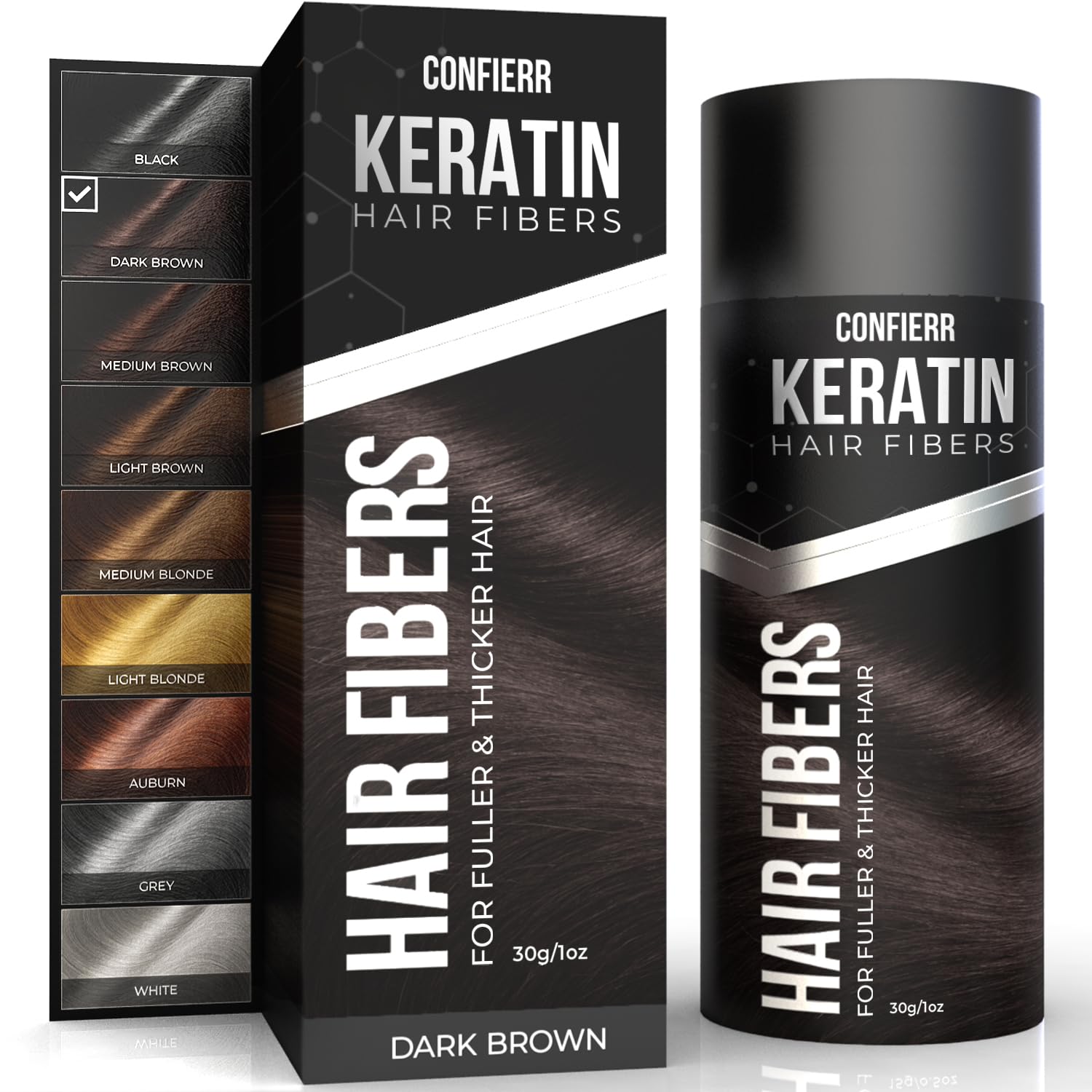 CONFIERR Keratin Hair Fibers for Men & Women - Fill In Fine or Thinning Hair, Instantly Thicker, Fuller Looking Hair (Dark Brown 30g)