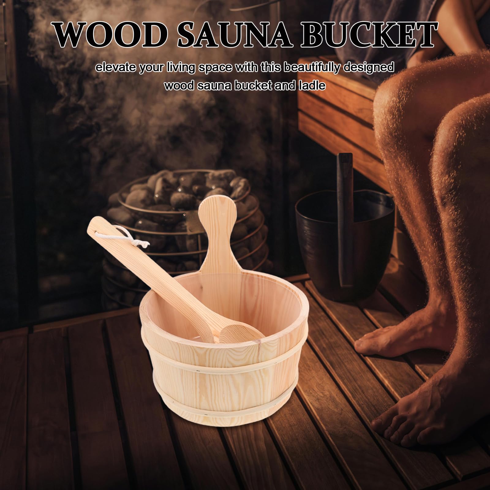 Yardenfun Drewniane Wiadro Do Sauny z Łyżką i Zegarem Piaskowym Ergonomiczne Akcesoria Do Domowej Sauny Łaźni Parowej i Ogrodowego Spa Sztuk