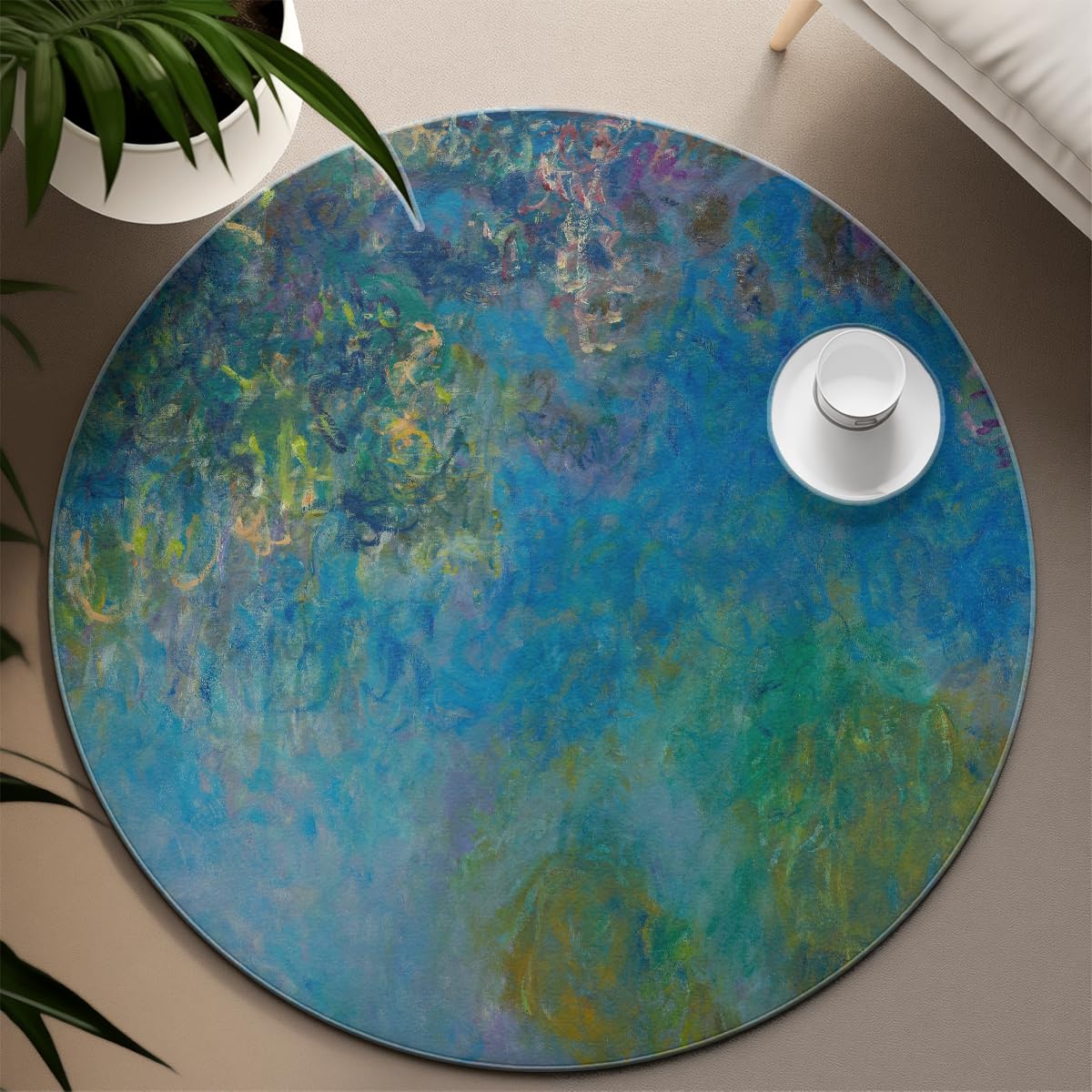 Runder Teppich 70cm Waschbarer Seerosen-Kreisteppich | Rutschfester abstrakter Kunstteppich niedriger Flor für Schlafzimmer, Eingangsbereich, Wohnung, Büro, Studentenwohnheim