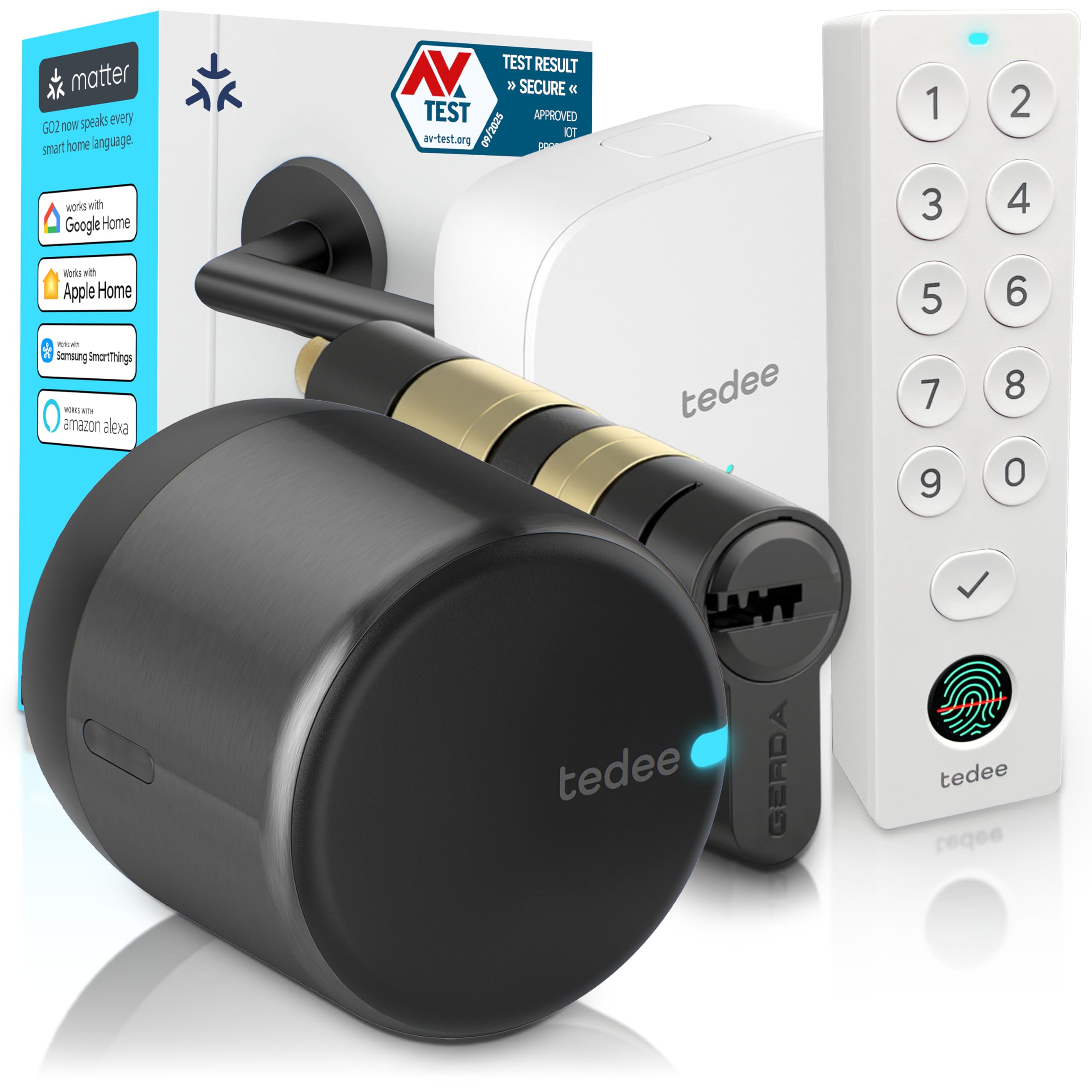 Tedee GO2 Alu Serrure Intelligente Connectée avec Bridge WiFi, Keypad PRO et Cylindre Gerda EXXO Smart | Sécurité Classe 6, Empreinte Digitale | Compatible Matter, Alexa, Google Home, Apple, Smart