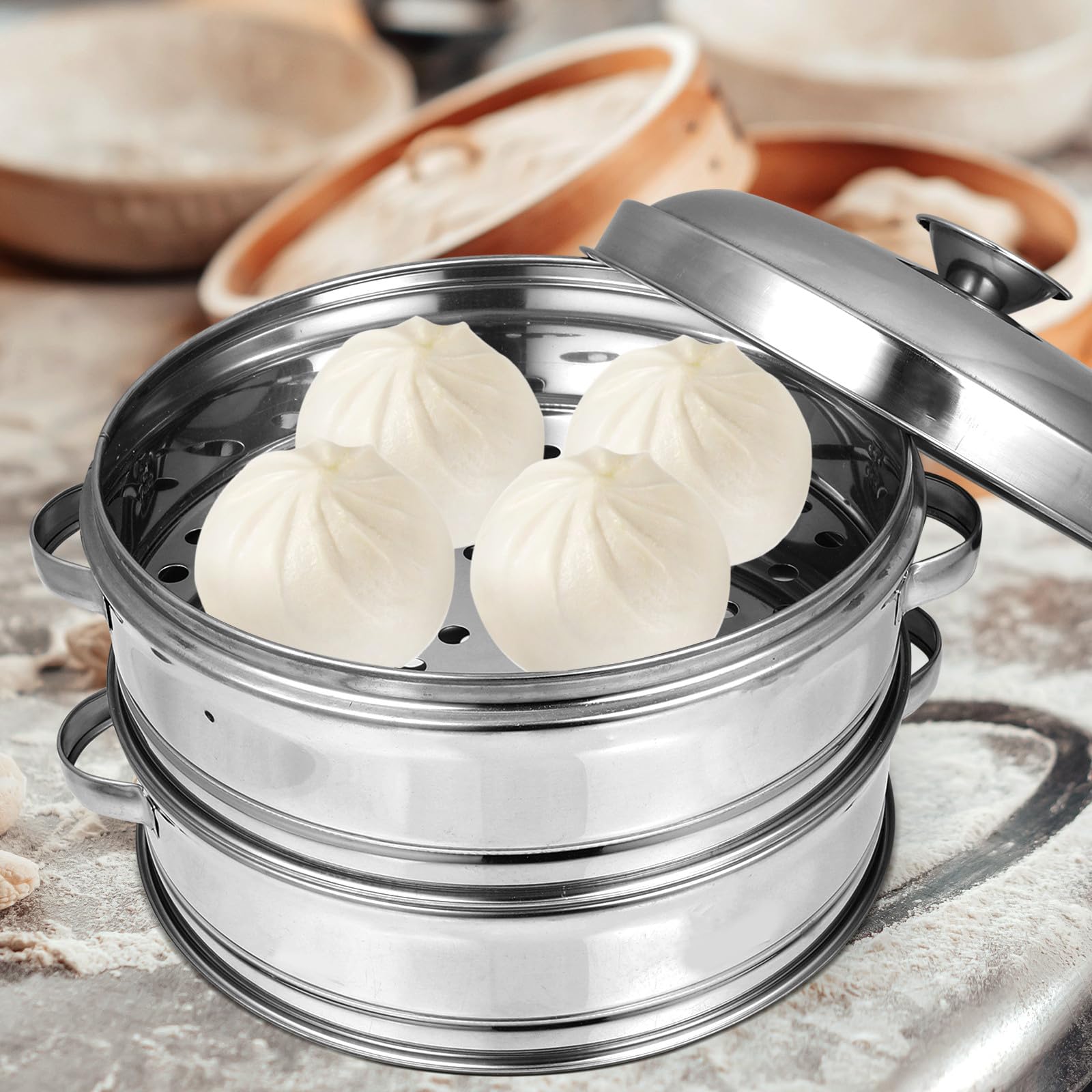 Panier Vapeur Inoxidable 20 Cm avec Poignées Lot 2 Paniers Vapeur pour Légumes et Petits Pains 1 Couvercle Compatible Autocuiseur Accessoire la Cuisine Alimentaire Pratique