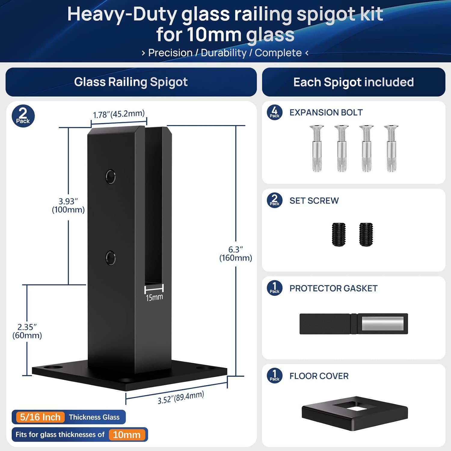 LukLoy 2 Pack Designed for 10mm Glass Railing, N.W 3lb Heavy Duty Glass Railing Spigot SS304 Clamp Brackets for Balustrade Stairs Railing Pool Balcony with Outdoor Powder Coating - Level 3