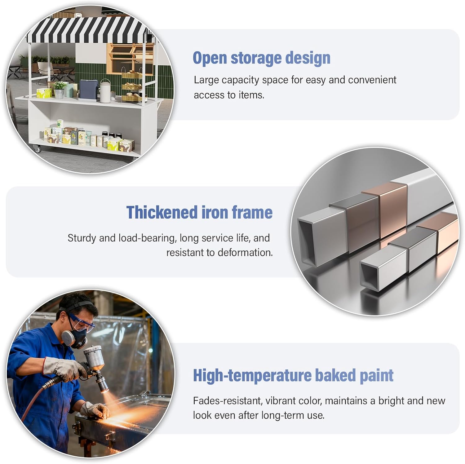 Outdoor Food Cart with Striped Canopy, Mobile Vendor Stand with Lockable Wheels & Folding Tabletop Extension, Metal Street Vending Cart for Market, Street Food, Events