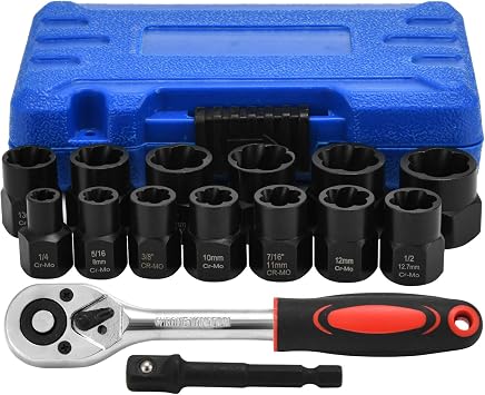 Impact Socket Set,15- Pieces Bolt Extractor Socket Tool Set, Bolt Remover Tool Set with Ratchet and 3/8-Inch Drive Metric/SAE