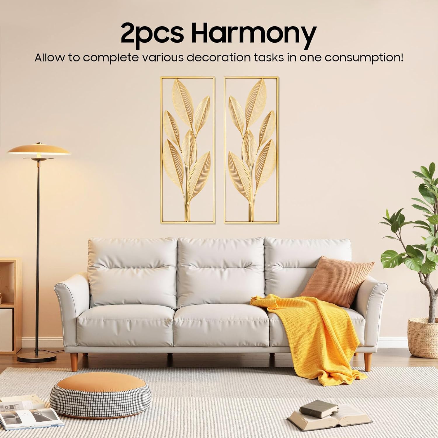 SODONAD Set of 2 Gold Metal Wall Art, Metal Leaf Wall Decor with Frame, Modern Wall Sculptures Decors for Living Room, Bedroom, Bathroom, Office (11.8x33.5 Inch 3D Botanical Hanging)