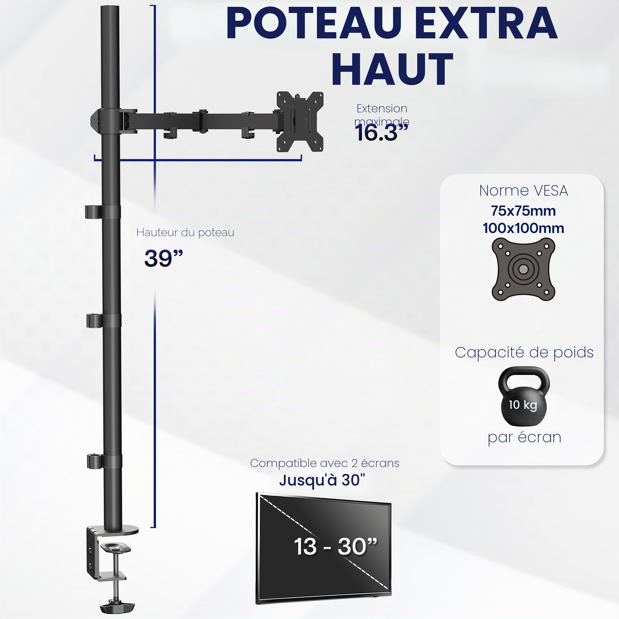 Vivo STAND-V011 Support de Bureau pour écran Simple avec Support de Bureau 39 Pouces Entièrement réglable Inclinaison et Articulation Peut contenir des écrans de 13 à 32" jusqu'à 10 kg avec Montage