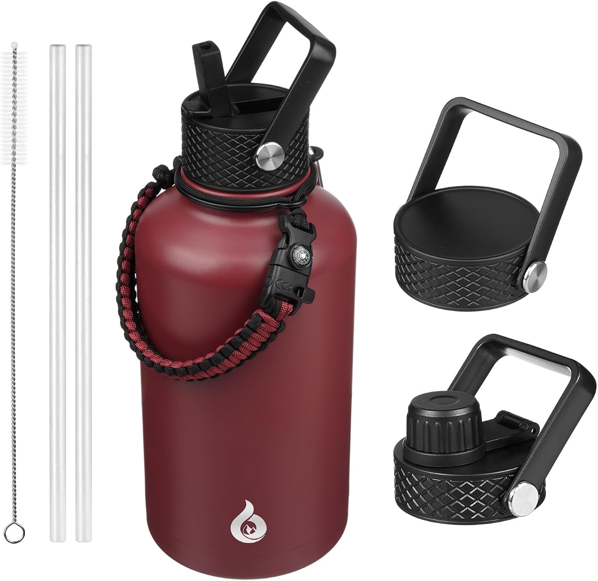 Botella de agua aislada de 64 oz, jarra de agua de medio galón con tapa de paja | Jarra de vacío grande de acero inoxidable, mantiene el frío y el calor, sin BPA, a prueba de fugas con 3 tapas, mango de Paracord, para deportes, senderismo y viajes