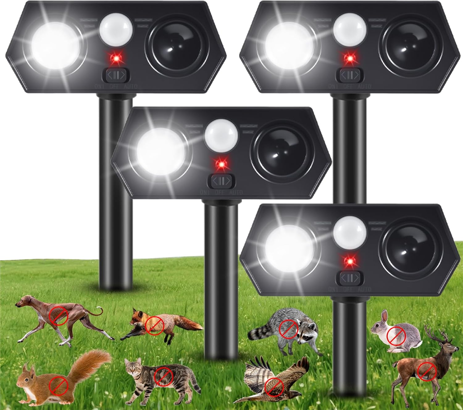 2025 Solar Ultrasonic Animal Repellent Sonic Fortress Pro Deer Repellent Rabbit Repeller Raccoon Squirrel Deterrent with Flash Light Motion Sensor to Keep Cat Dog Fox Skunk Out of Garden Yard(4Pack)