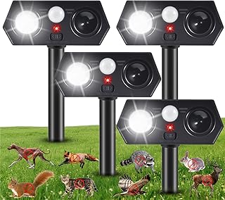 2025 Solar Ultrasonic Animal Repellent Sonic Fortress Pro Deer Repellent Rabbit Repeller Raccoon Squirrel Deterrent with Flash Light Motion Sensor to Keep Cat Dog Fox Skunk Out of Garden Yard(4Pack)