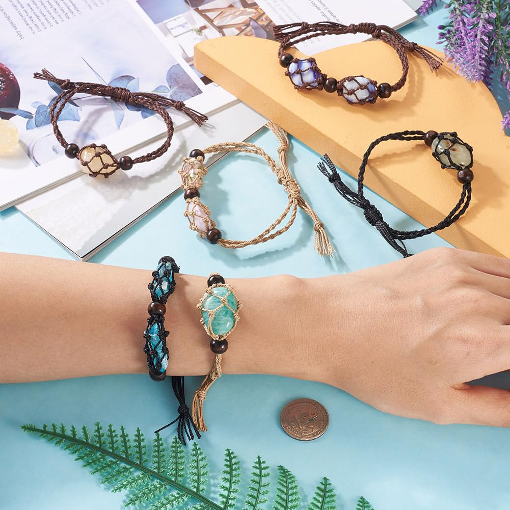 FASHEWELRY 6pcs Crystal Cage Bracelet Empty Stone Holder Bracelet Adjustable Macrame Gemstone Bracelet Holder with 6pcs Velvet Bags for DIY Bracelet Gift Making