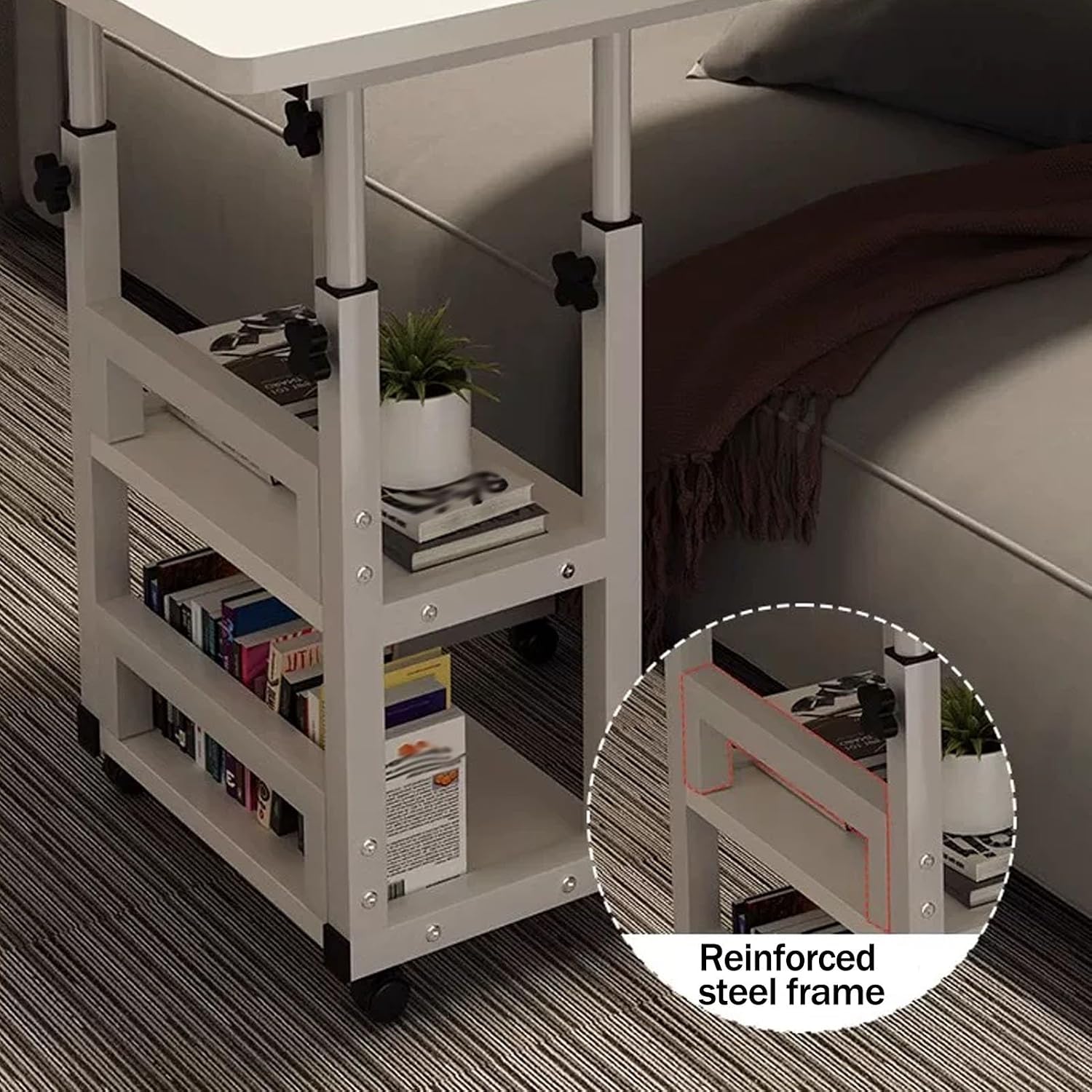 JKGHK Overbed Table with Lockable Wheels, 2/3-Tier Storage, Height-Adjustable Medical Rolling Workstation, C-Shaped Mobile Laptop Desk for Home, Office, Bedroom(Natural A,60cm/23.6in)