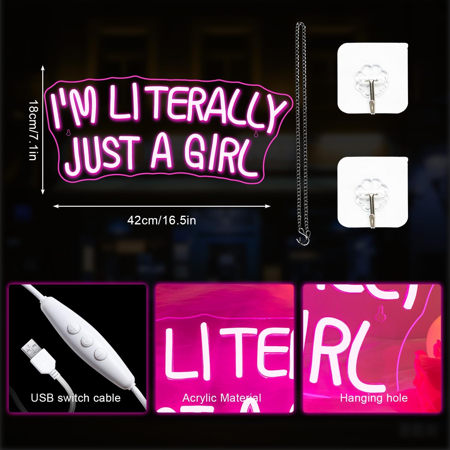 Lucunstar I'M Literally Just A Girl Neon Sign Pink Led Sign Led Neon Light for Wall Decor Light Up Sign for Bedroom Dimmable Switch USB Connectivity Neon Signs for Girlsroom Decor Party Light