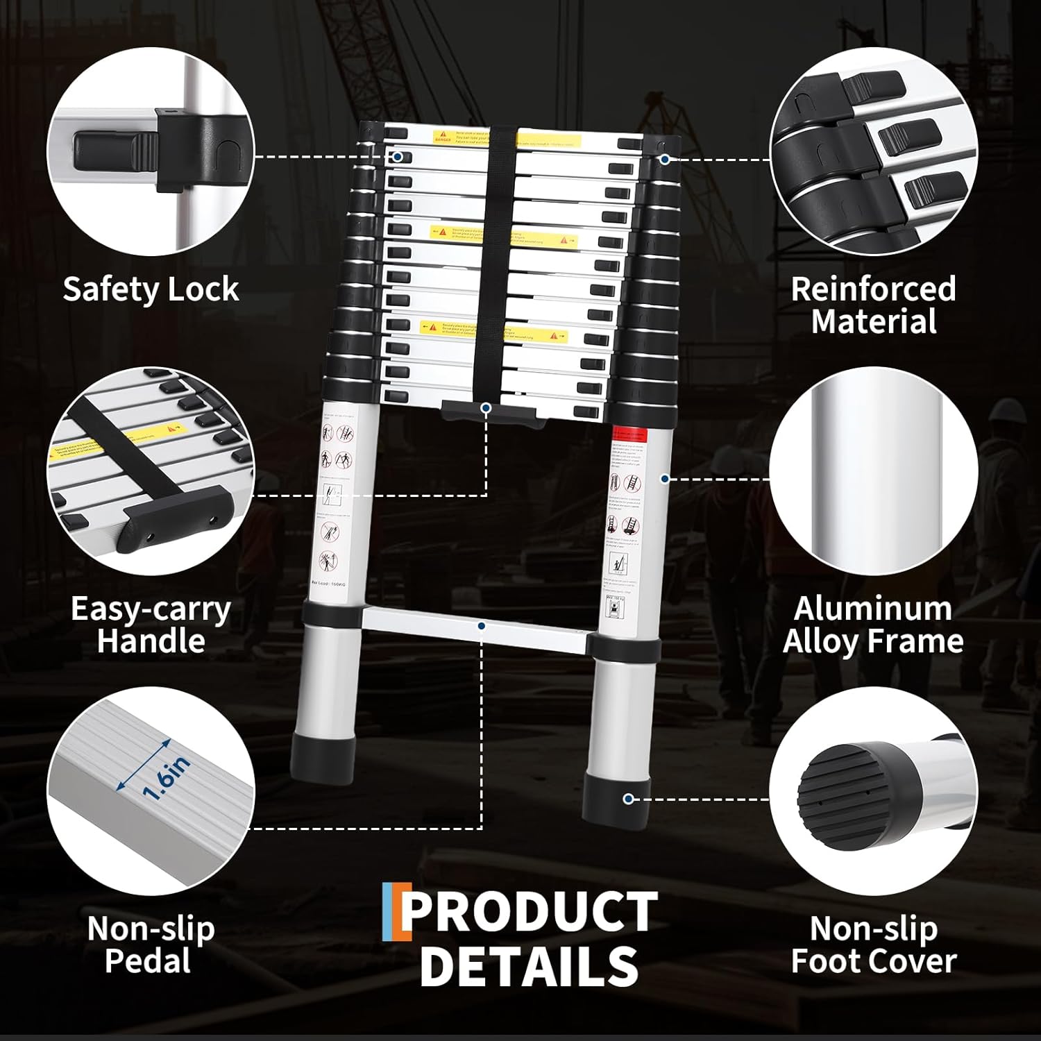12.5FT Telescoping Ladder, Aluminum Extension Ladder with Safety Lock, 330lbs Capacity, Multi-Purpose Collapsible Ladder for Home Work RV Outdoor Silver