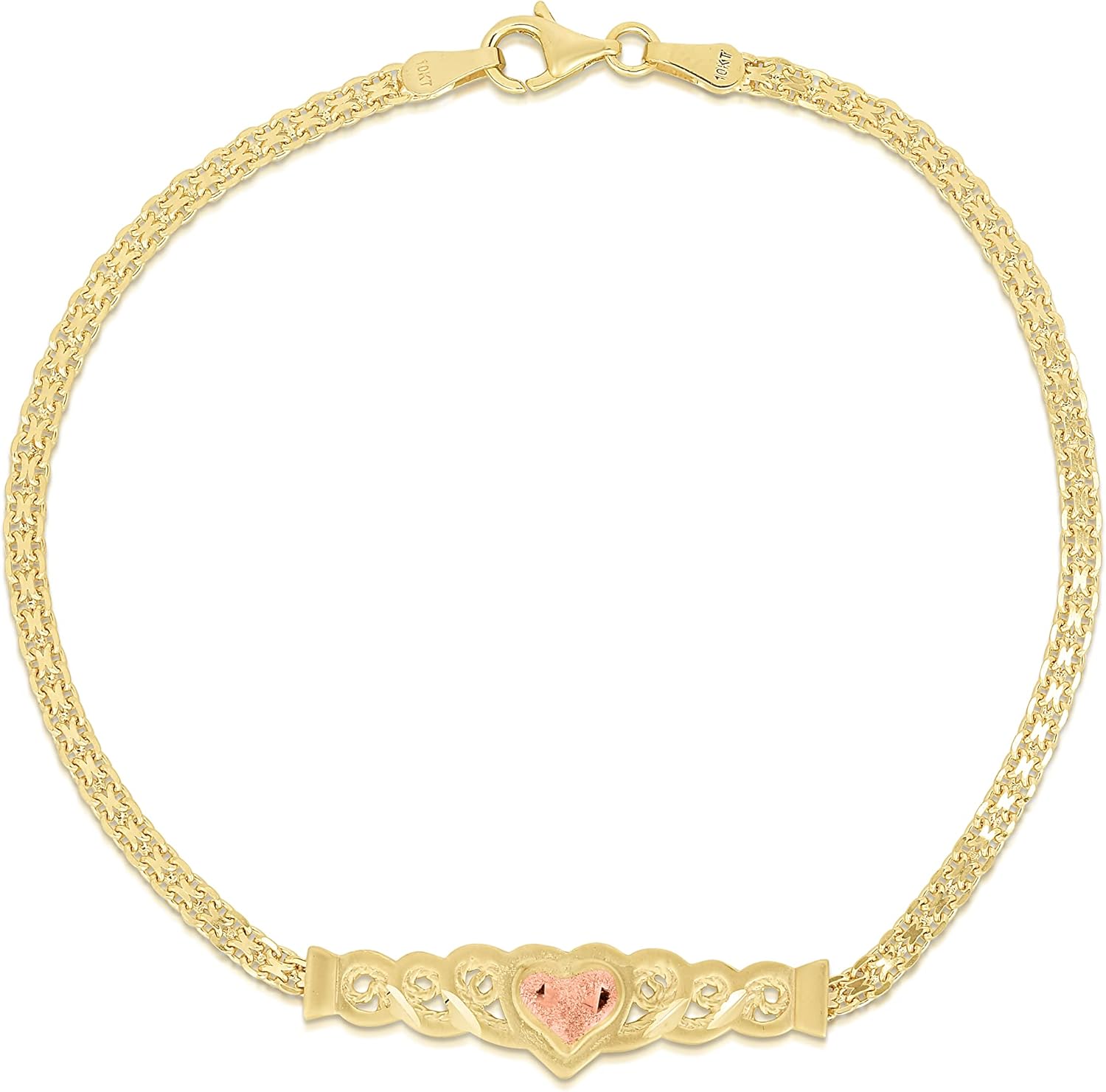 Floreo 10k Yellow Gold Bismark Links with Rose Gold Heart Filigree Charm Bracelet