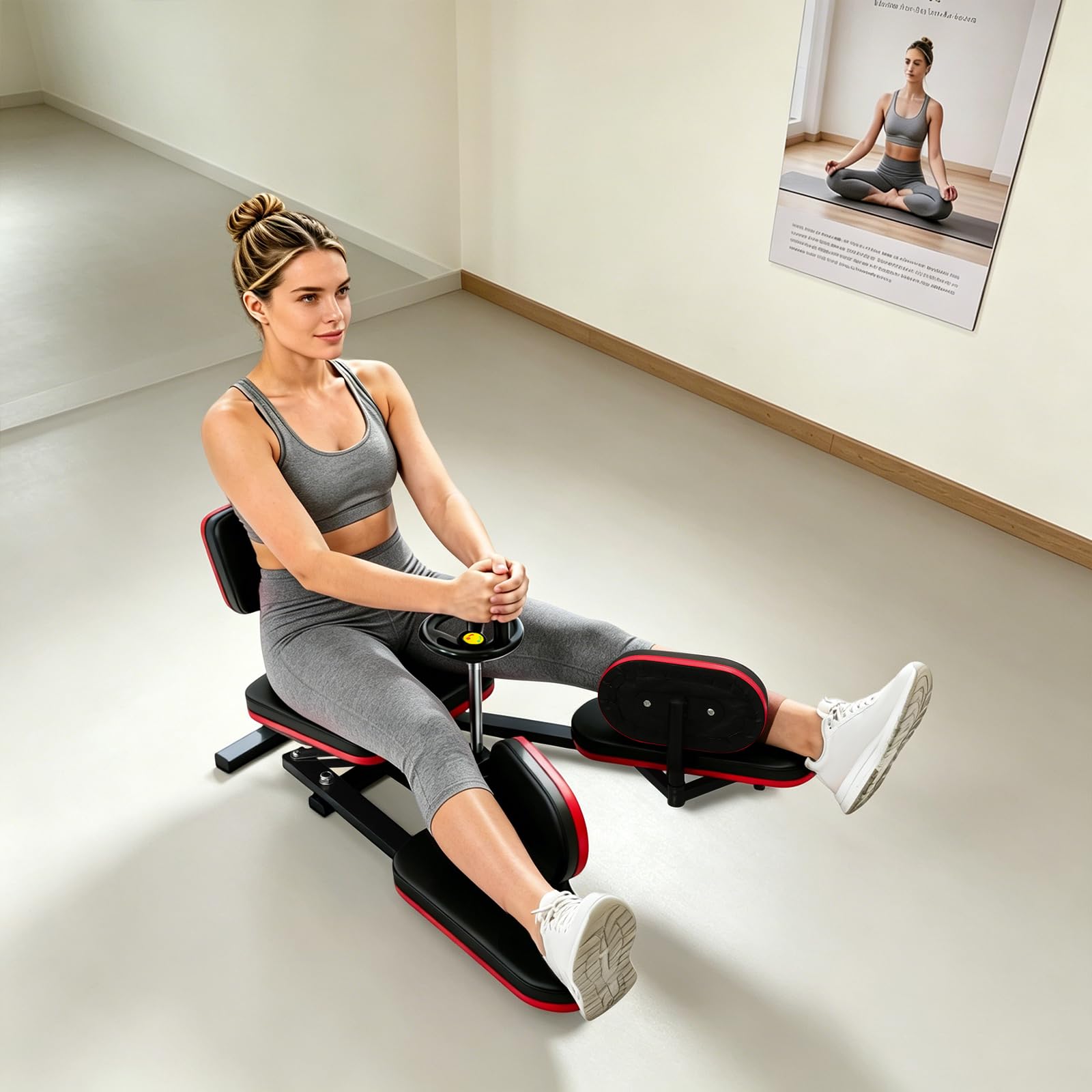 Macchina grande divario, divaricatori per gambe a 180°, carico 120 kg, con schienale e cuscino in PU,design delle ruote girevoli, per danza yoga ginnastica fitness casa, nero e rosso