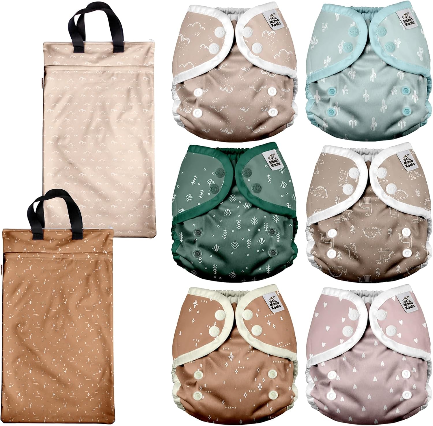 Mama Koala Reusable Adjustable Cloth Diaper Covers Size S,with 2 Pack Waterproof Hanging Wet Dry Bags