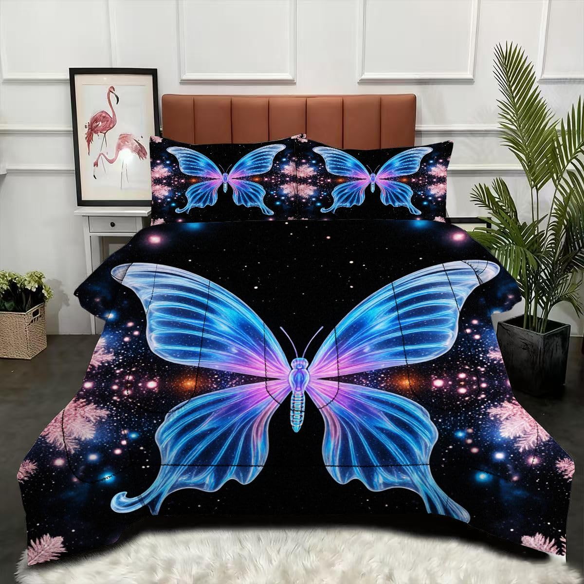 Couette 240 x 260 cm lavable en machine motif papillon parure lit légère