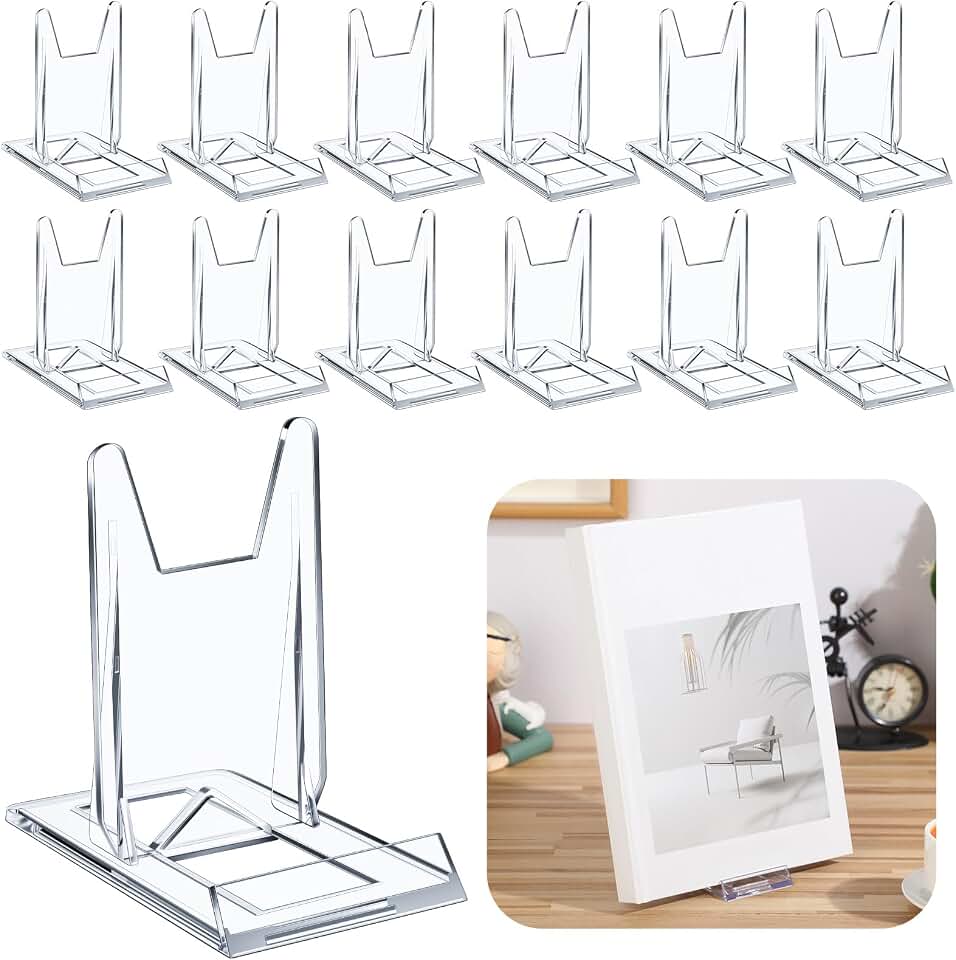 12 Pack Acrylic Book Stand for Display Adjustable, 4.2in H | Clear Display Holder Easel Collector Stand for Home Office, Back to School Comic Album CD Magazine Postcard Artworks