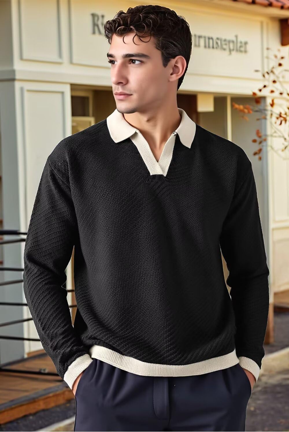 BAYAMO Mens Polo Sweater V Neck Long Sleeve Pullover Sweater Casual Knit Textured Sweater - Image 4