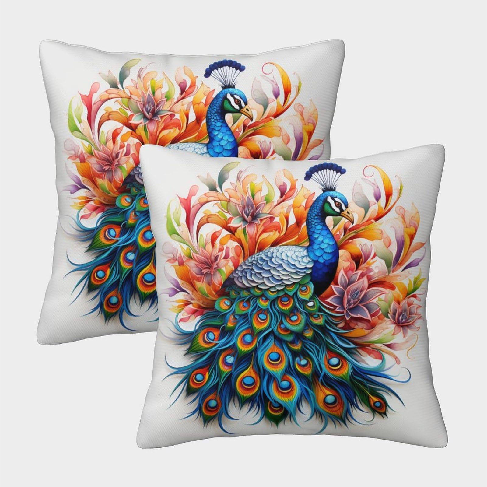 Mefese Peacock-24 3D Printed Peacock Square Pillowcases Beautiful Peacock Pillow Case Cushion Decorative Super Soft Pack Of 2 For Sofa Couch Bed 50X50cm