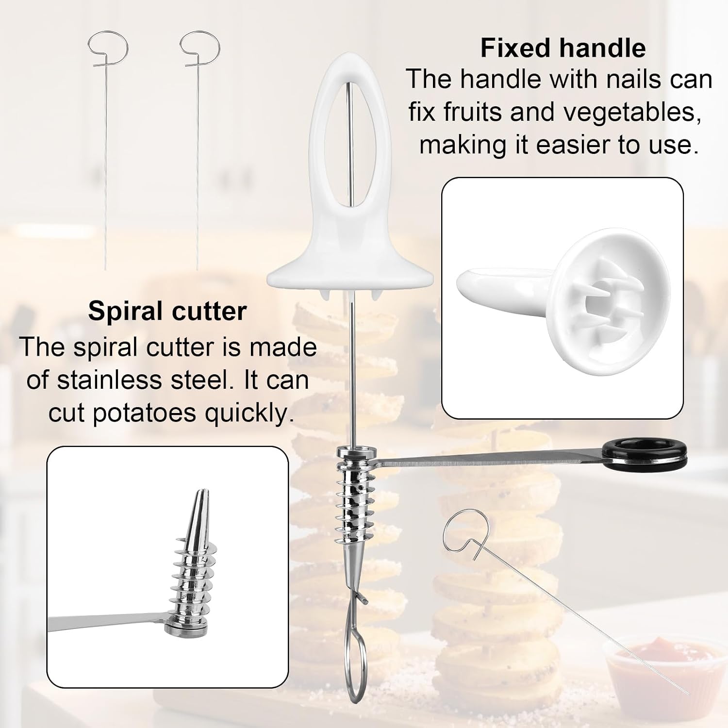 Tornado Spiral Potato Cutter Set, Manual Tornado Spiral Potato Cutter with 4pcs Stainless Steel Skewers Vegetable Spiralizer for Fry Chips Making Practical Kitchen Gadgets image 4