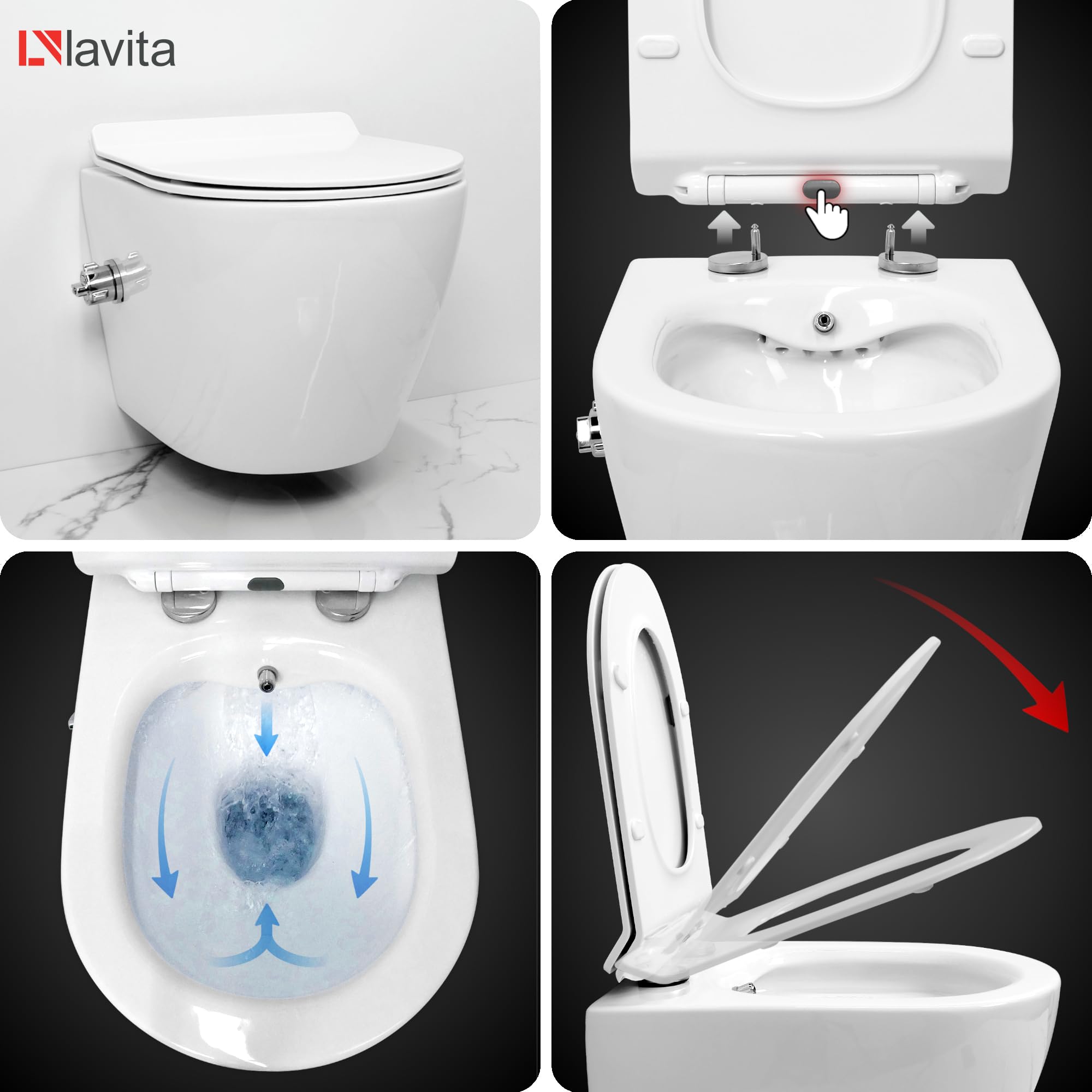 LAVITA Vorwandelement Solido Start + Wand Hänge WC Salto Weiß Spülrandlos ++ WC Sitz mit Absenkautomatik Verchromter Knopf Komplettset Unterputz Spülkasten Toilette Komplett Sett WC