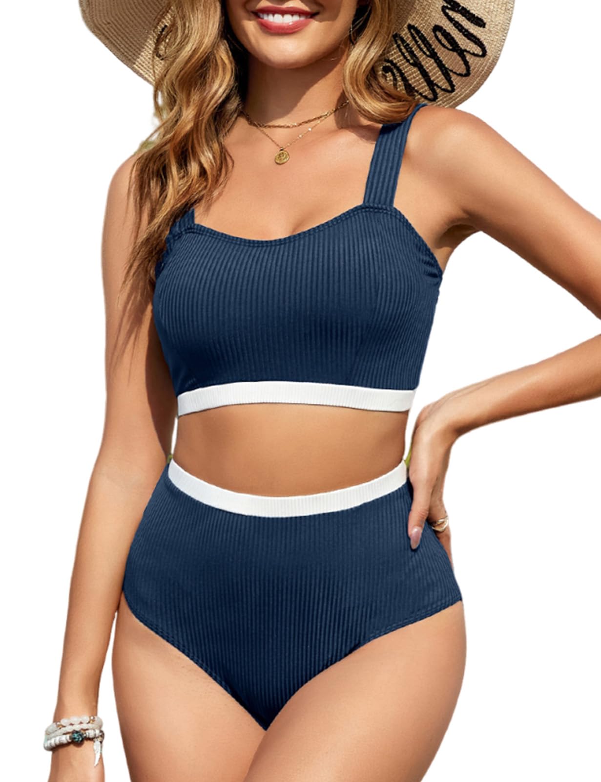 Tuopuda Bikini Damen Set, Zweiteiliger Badeanzug High Waist Push Up, Bikini-Oberteil Gerippte Zweiteiler Bademode Swimsuit Badebekleidung