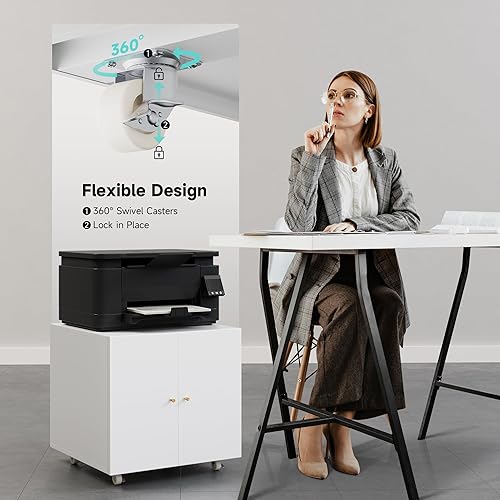 Miniatura 3 de Warmiehomy Soporte de metal para impresora con almacenamiento para espacios pequeños con puerta, estante ajustable, archivador con ruedas para