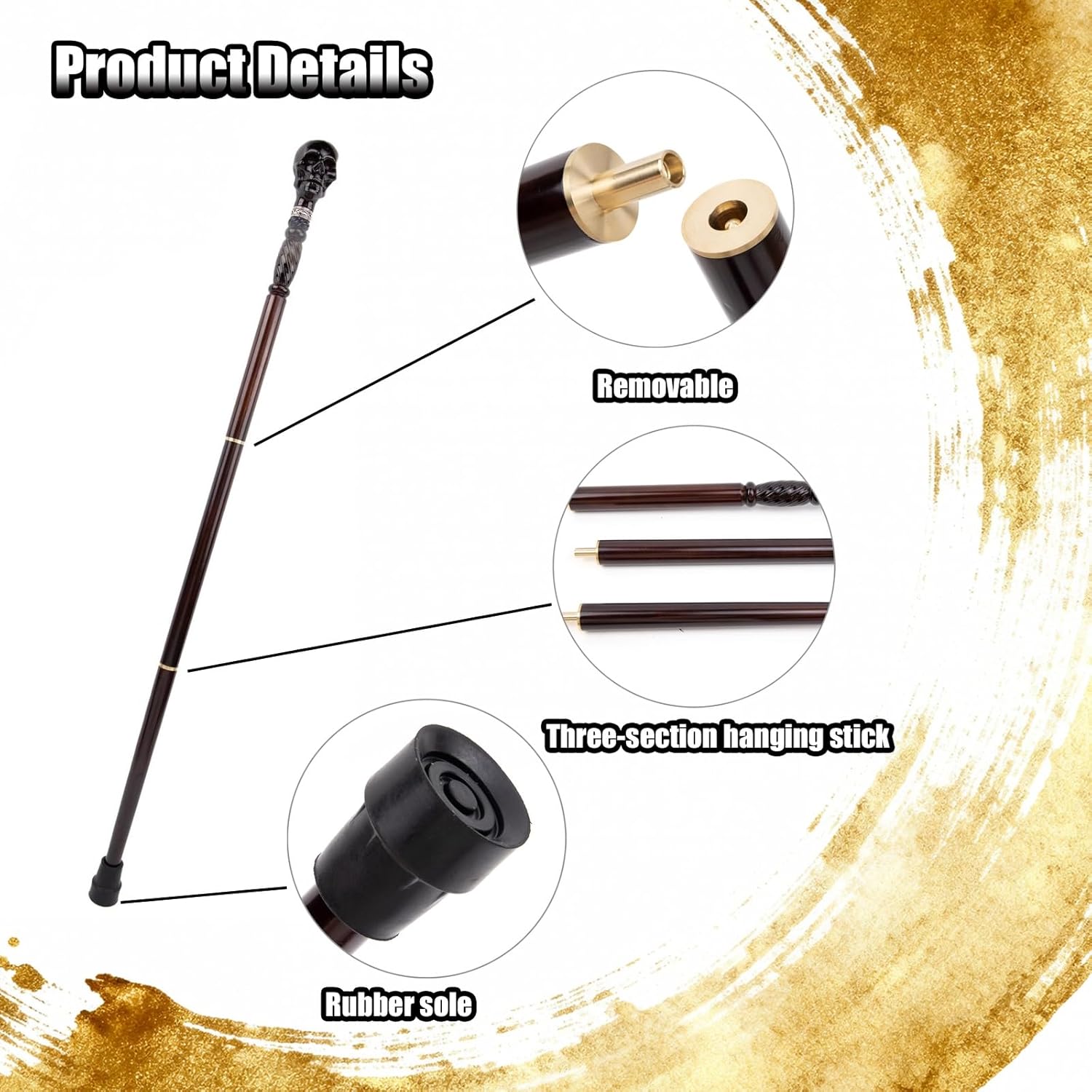 Black Wooden Skull 3-Section Walking Stick, Decorative Cospaly Wood Walking Cane Halloween Mace Wand Crosier 38"