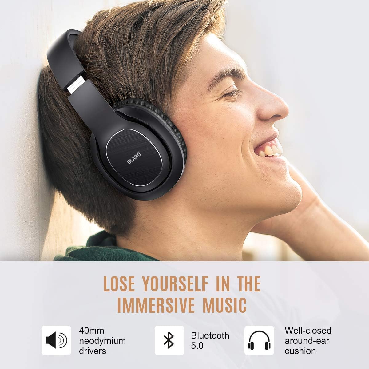 BLARO W915 headphones with icons for 40mm neodymium drivers, Bluetooth 5.0, and well-closed around-ear cushion