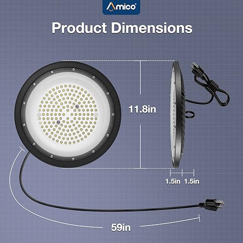 Miniatura 7 de Amico Luz LED de alta bahía de 150 W, 21,000 lm, 5000 K, UFO LED de alta bahía, luz de tienda con gancho de EE. UU. con certificación UL, cable de 5