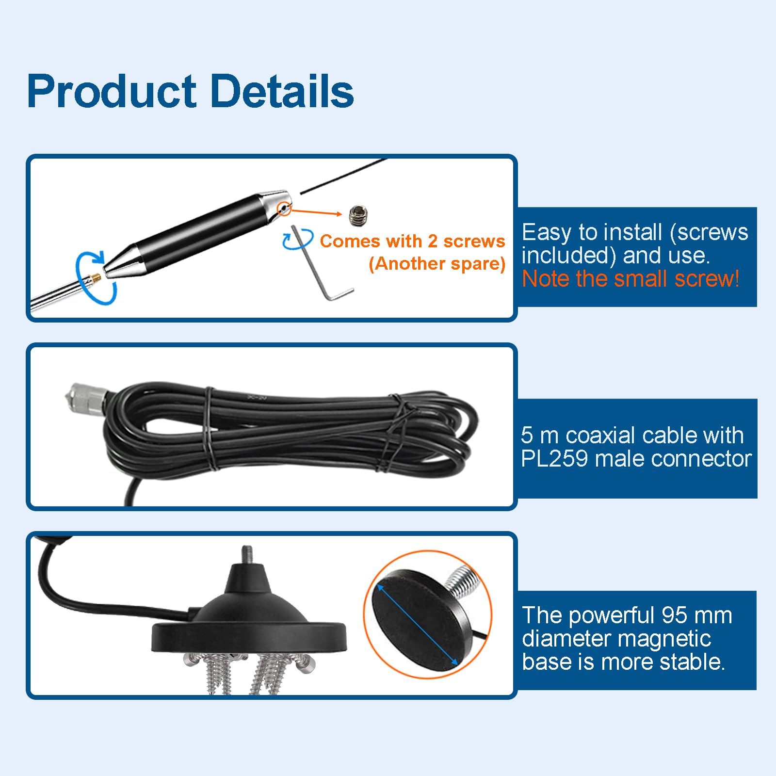 Retevis MR500 CB Radio Antenne, 1,18 m, 150 W, 26–29 MHz, 2,15/3,5 dBi, Connecteur UHF Mâle PL259, Antenne CB Fixe avec Fixation Magnétique, Câble RG58 de 5 m, Antenne Voiture Radio CB