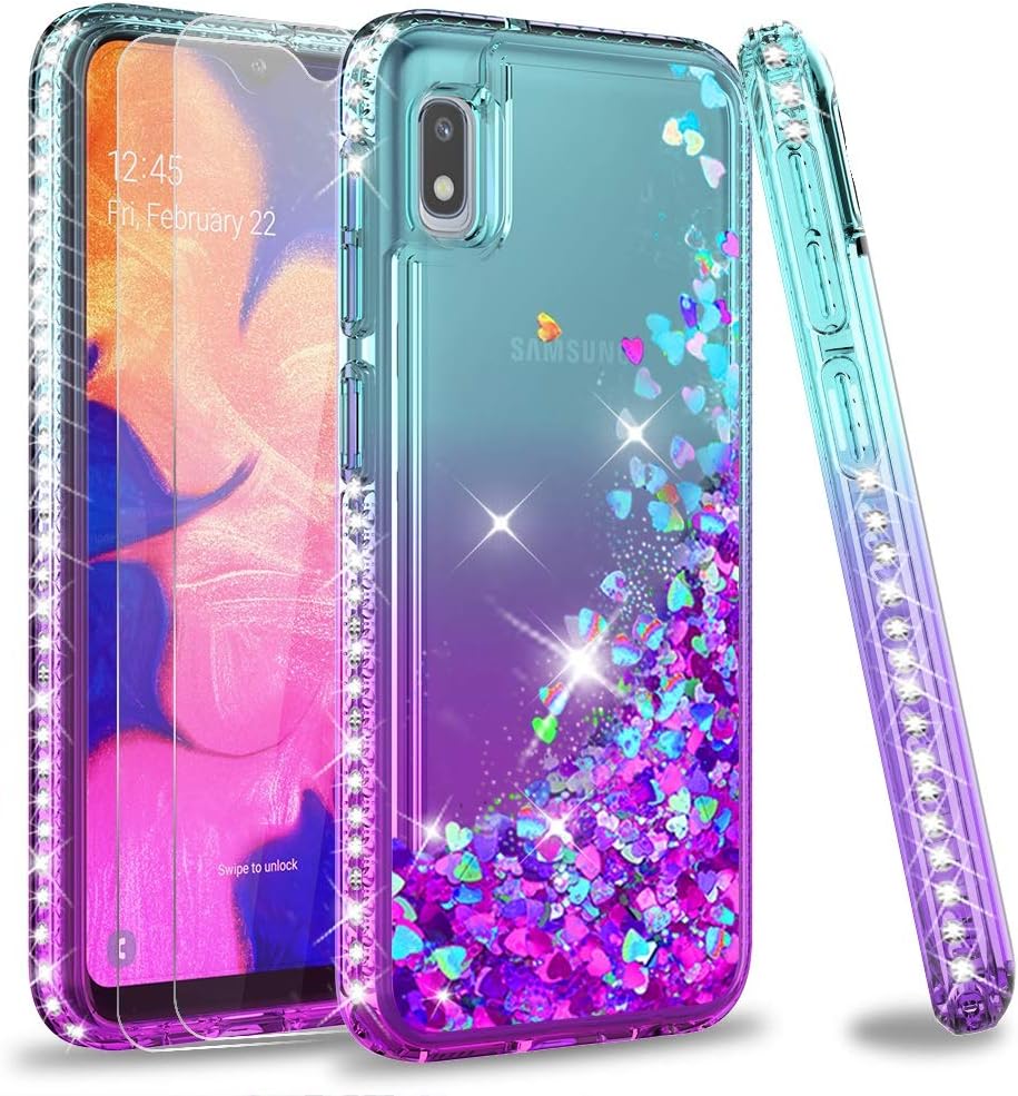 LeYi Compatible with Galaxy A10e Case (Not fit Galaxy A10) with Tempered Glass Screen Protector for Girls Women, Glitter Clear Phone Case for Samsung Galaxy A10e, Teal/Purple