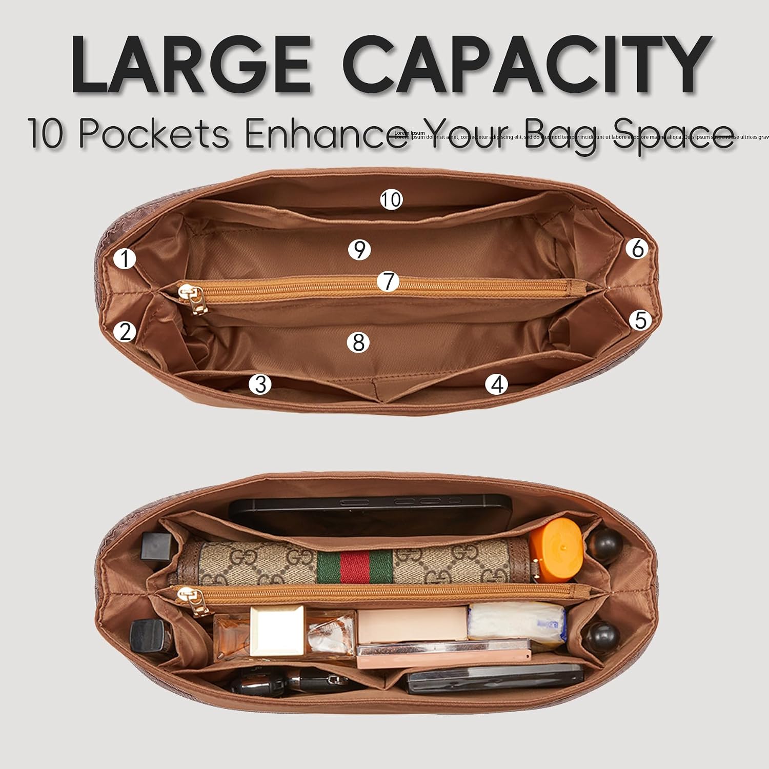 10 Compartments Purse Organizer Insert for LV Speedy 25, Premium Lightweight Nylon Tote Bag Organizer with Zipper Pocket(Brown)