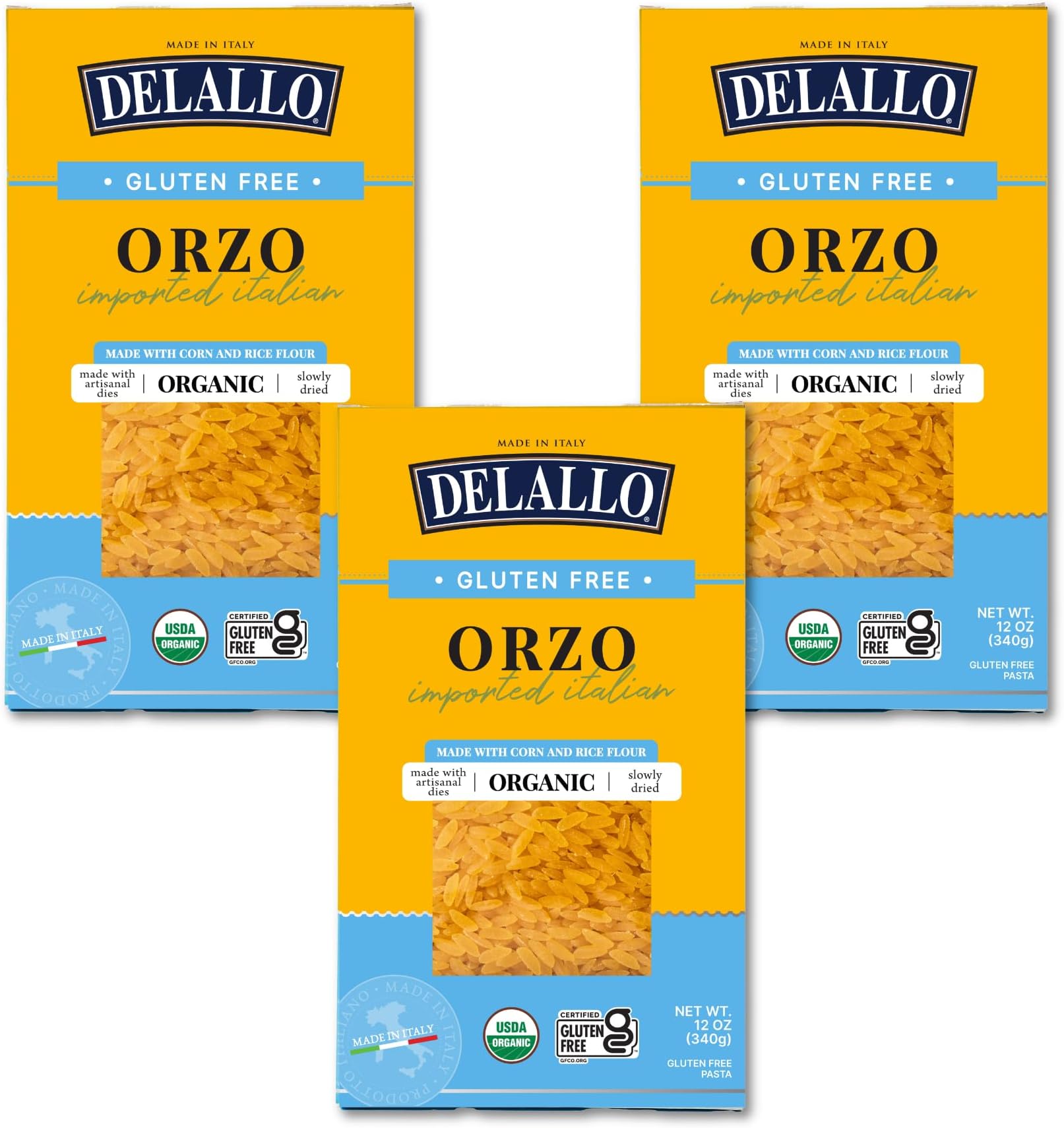 DeLallo Gluten Free Orzo Pasta, New Packaging in 12 oz Box, Same Authentic Quality Made with Corn and Rice Flour, Handcrafted in Italy, Organic, All Natural, Kosher, (3 Pack)
