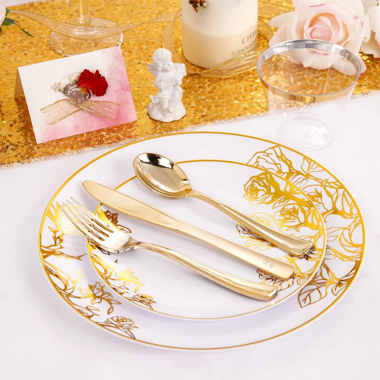DaYammi 210Pcs White Gold Plastic Plates for Party,Gold Disposable Dinnerware Set Includes 60 gold Floral Plates,30 Plastic Silverware,30 Per Rolled Napkins,30 Cups for Mother's Day Party Wedding