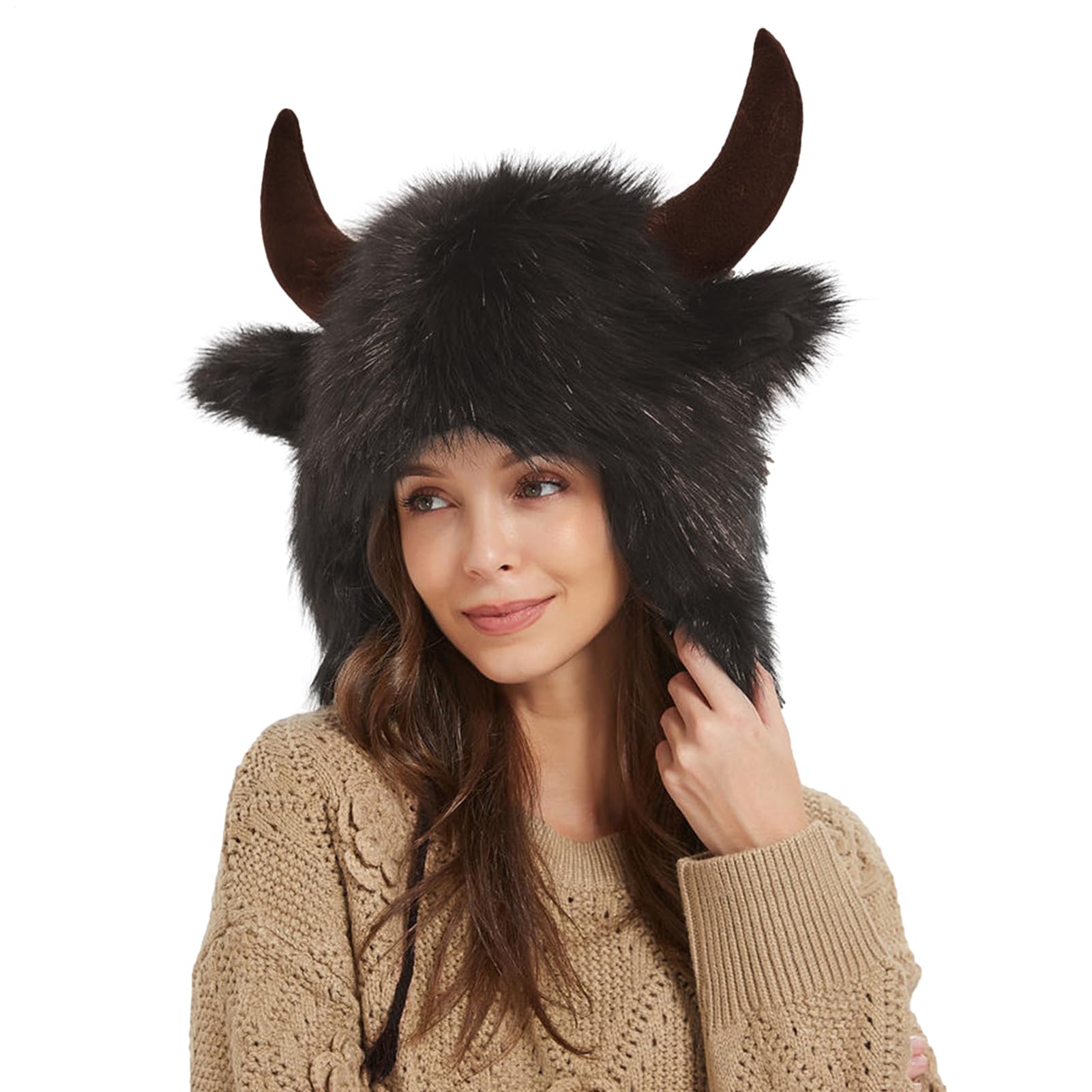Sombrero de bisonte con cuernos – Sombrero de cuerno de felpa – Sombrero de oreja para Halloween, regalo para hombres y mujeres para animales Cosplay Festival fiesta temática aventura al aire libre