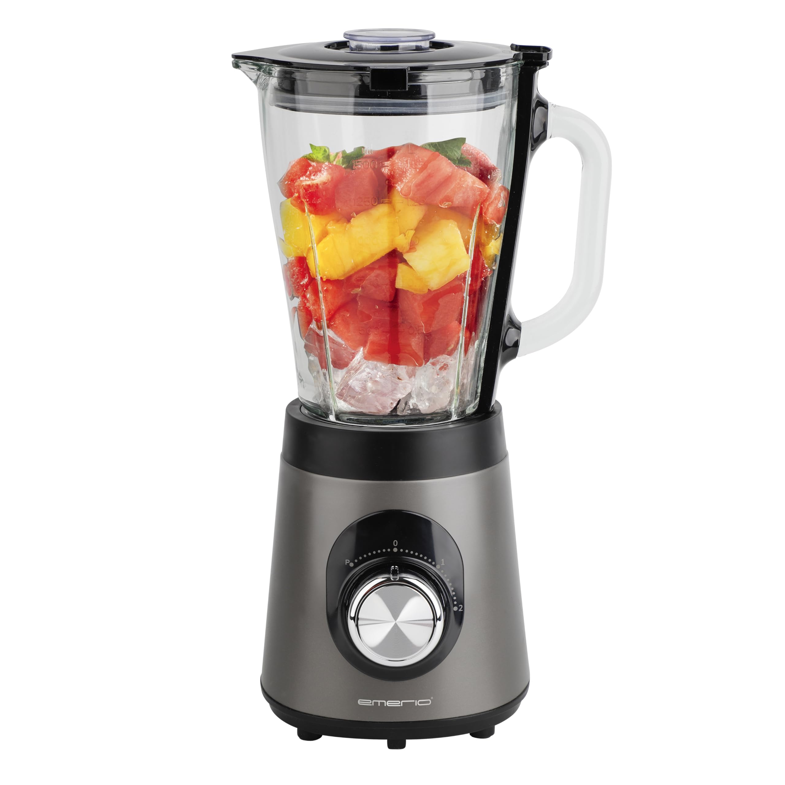 EMERIO Standmixer mit 1.5L Glasbehälter | Crush-Ice Funktion | 2 Geschwindigkeiten + Pulse Funktion | 4 Messer aus Edelstahl | 2 Sicherheitsschalter in Krug & Deckel | 500W | Titan Line | BL-124898.2