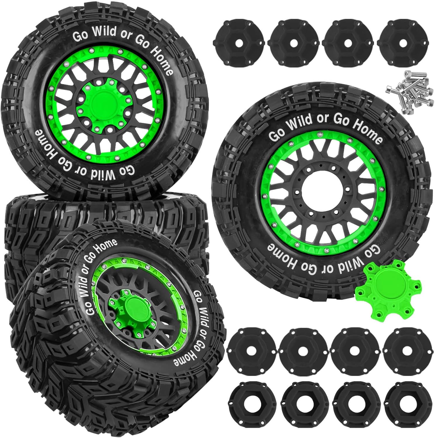 RC Truck Tires Wheel for 1/10 Big Rock Granite Vortek 3s / Stampede Rustler RC Car,4-Pack RC Wheels Tires Plastic Wheels w/12mm/14mm/17mm Replaceable Hex,Black-Green