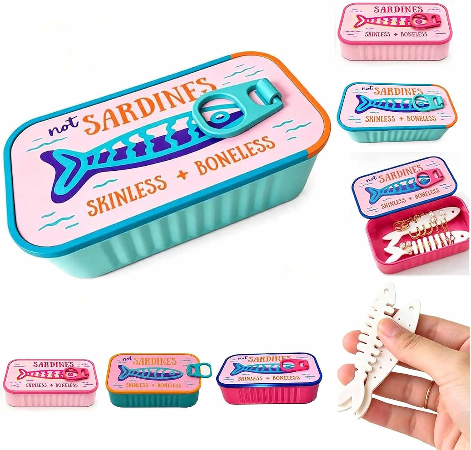 Sardines Jewelry Box Organizer with Fish-Shaped Holders for Rings, Sardine Tin Jewelry Box, Earrings and Charms, Portable Earring Organizer, Whimsical Ocean Gift (Style B)